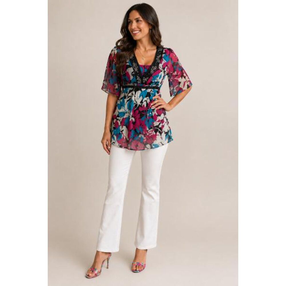 Monsoon Silk Top Blouse Tunic Babydoll Fairy Y2K Sz. 4 Empire Floral Embroidered